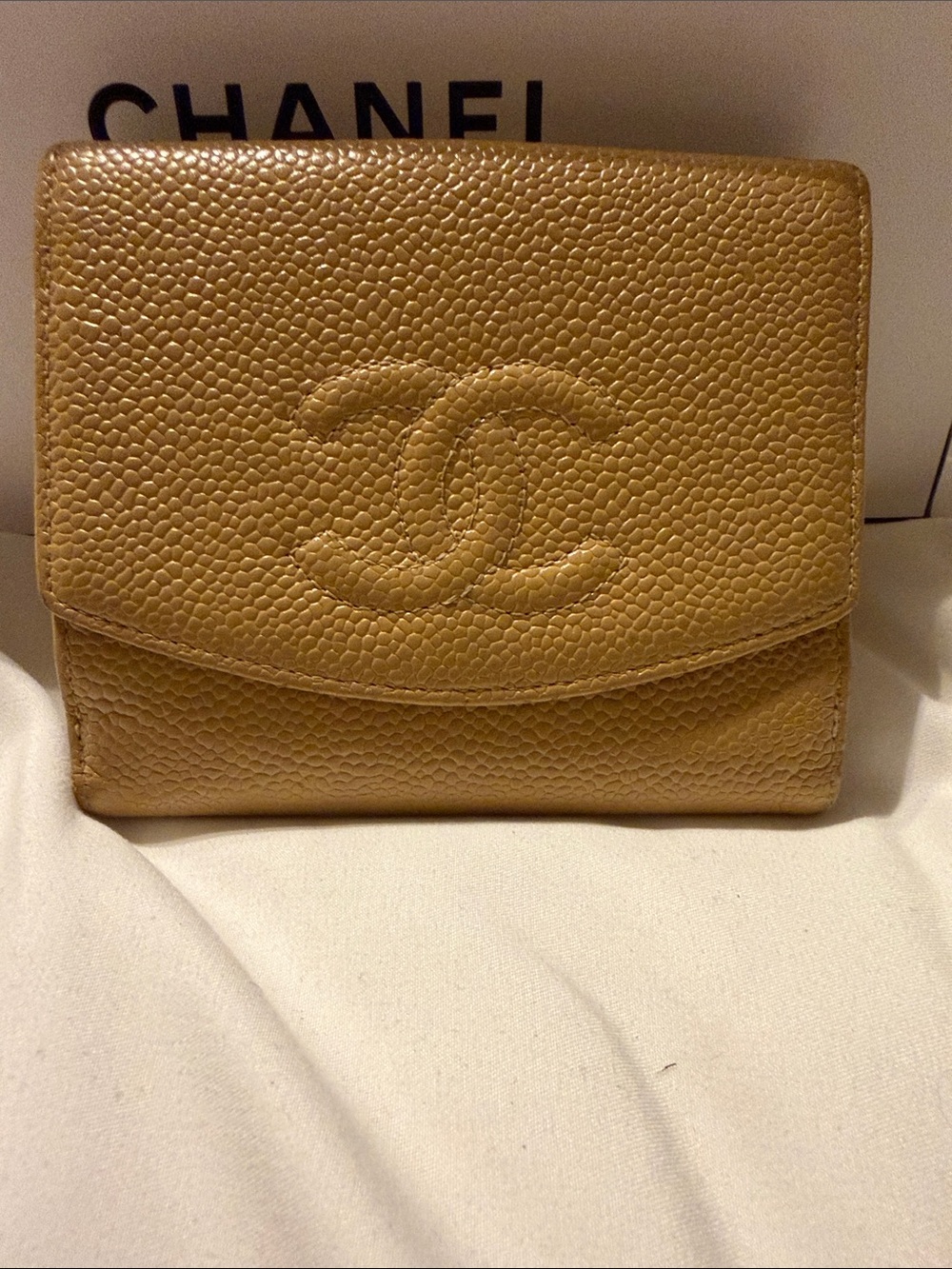 CHANEL Gold Caviar Leather Compact Wallet